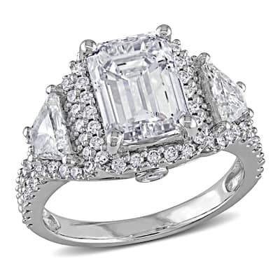 Miadora 3 3/4ct TDW Emerald Cut, Trapezoid and Round Diamond Halo Engagement Ring in 14k White Gold