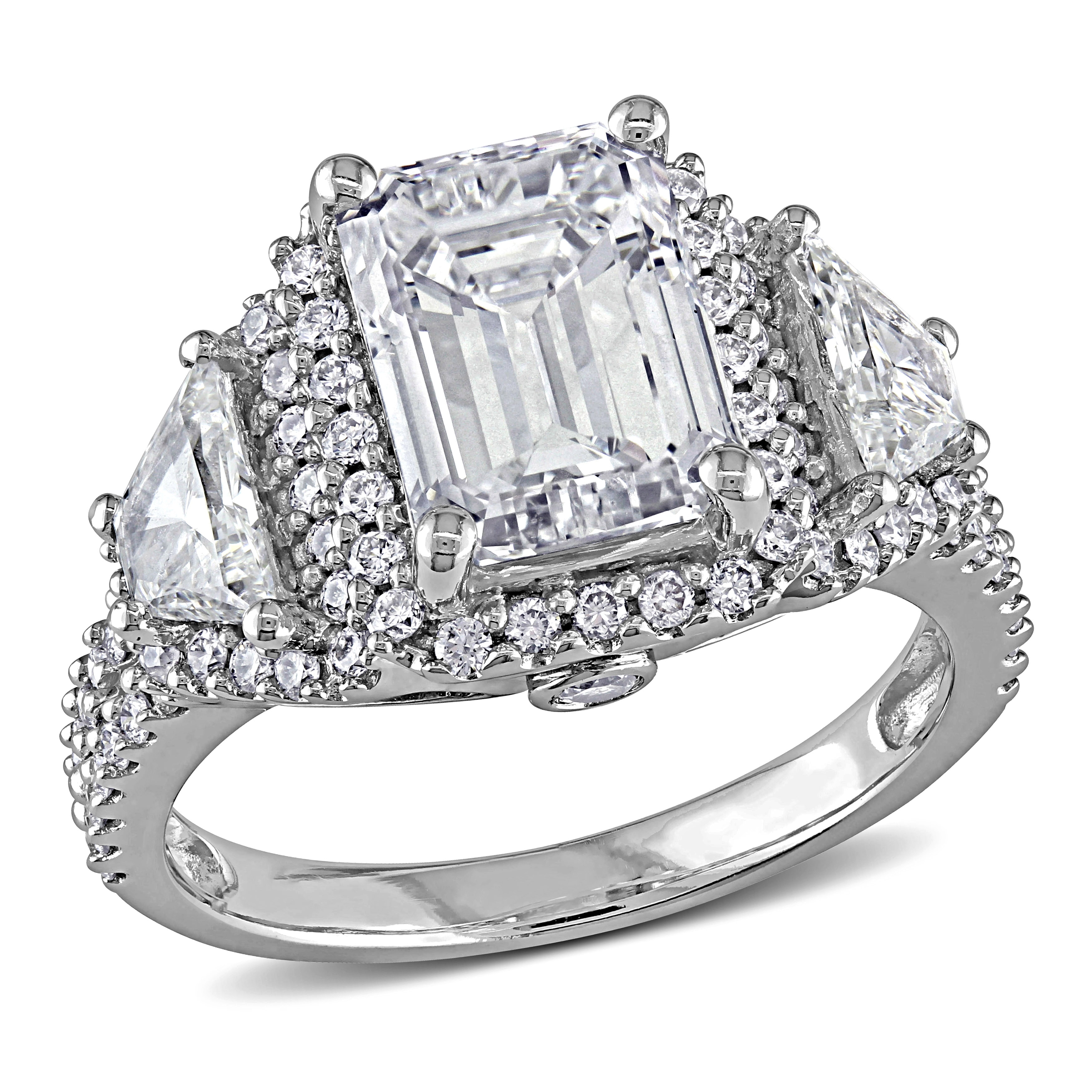 Miadora 3 3/4ct TDW Emerald Cut, Trapezoid and Round Diamond Halo Engagement Ring in 14k White Gold