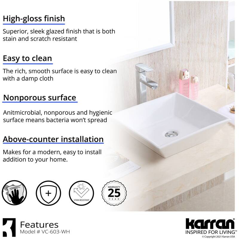 Karran USA VC-603 Valera 16-1/4" Square Vitreous China Vessel Bathroom