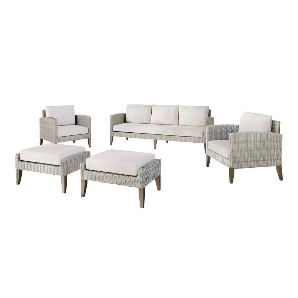Azy 5pc Outdoor Sofa Set w Stools and Chairs, Woven Gray Frame, Taupe
