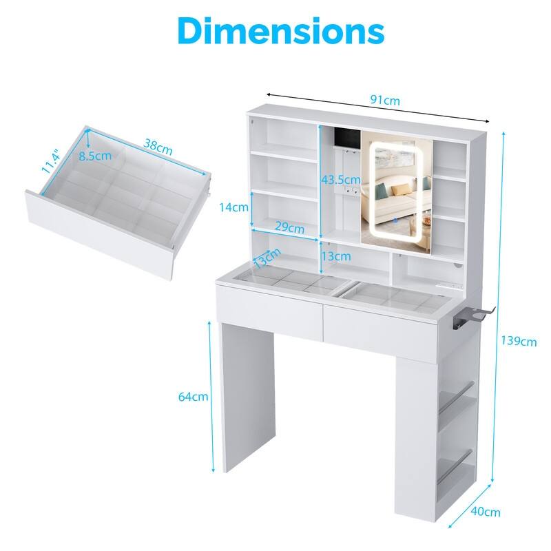 Particle Board Veneered, 2-drawer 3-compartment Left-right 3-tier Shelf, Glass Tabletop, Side Panel Storage Style Dressing Table