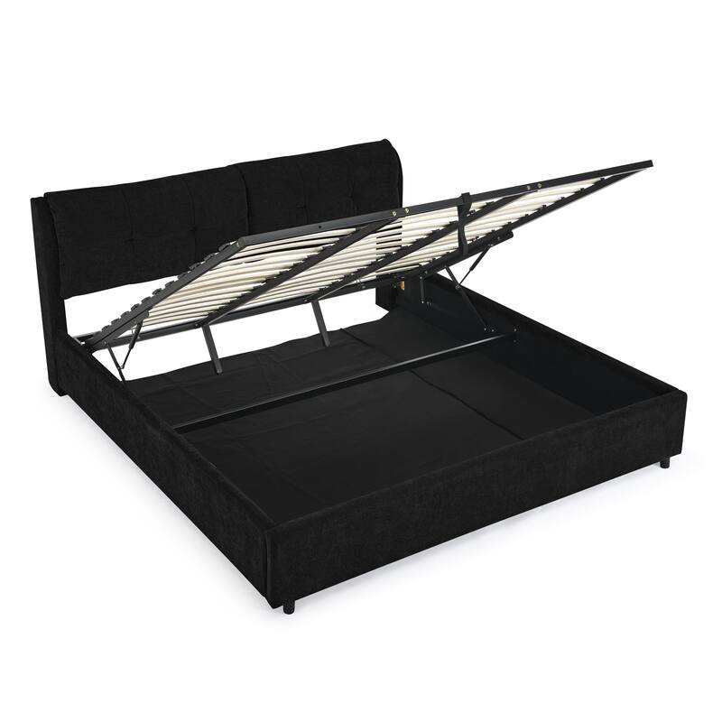 Chenille Storage Bed Frame, Hydraulic Lift Platform Bed with Under Bed Storage and Integrated Headboard, No Box Spring Needed