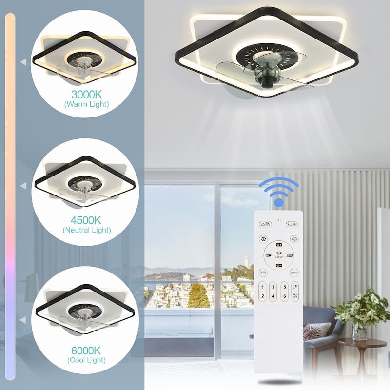 Oaks Aura 20in. Square Low Profile Ceiling Fan with Light, Flush Mount Remote Control Ceiling Fan for Bedroom - Black