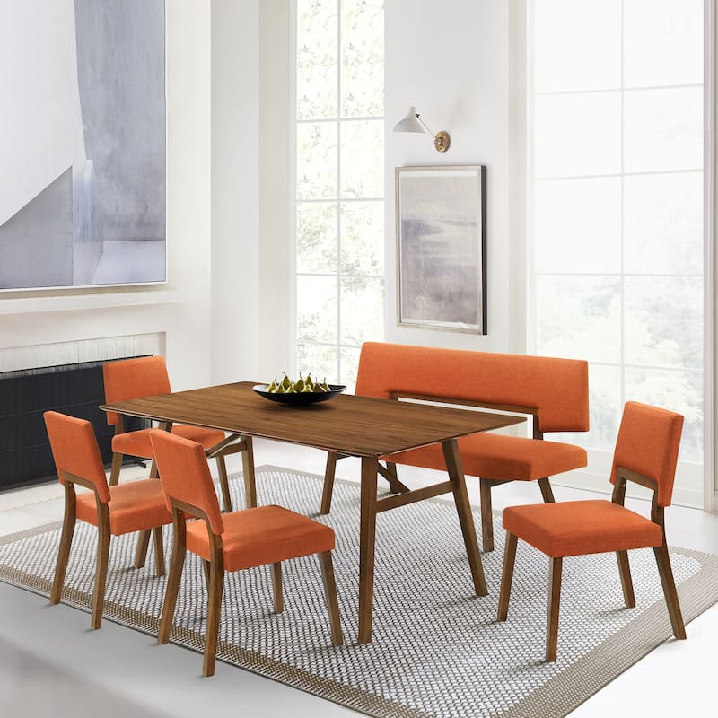 Channell Black or Walnut Wood 6 Piece Dining Set with Upholstered Chairs and Bench - Orange/Walnut