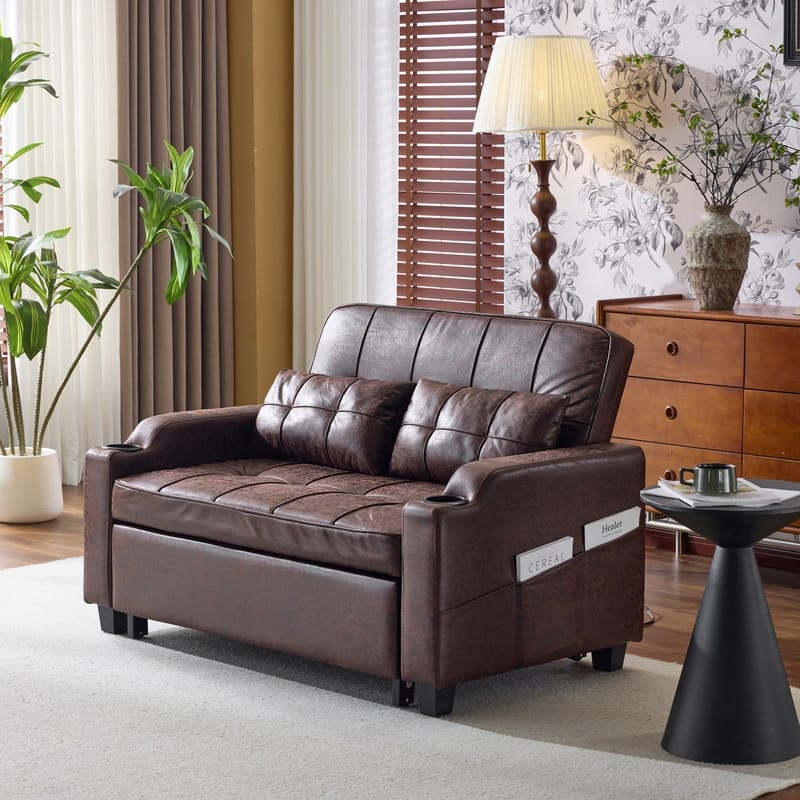 Upholstered Cat's Claw Leather Convertible Reclining Sleeper Sofa Bed With Cushions For Small Spaces