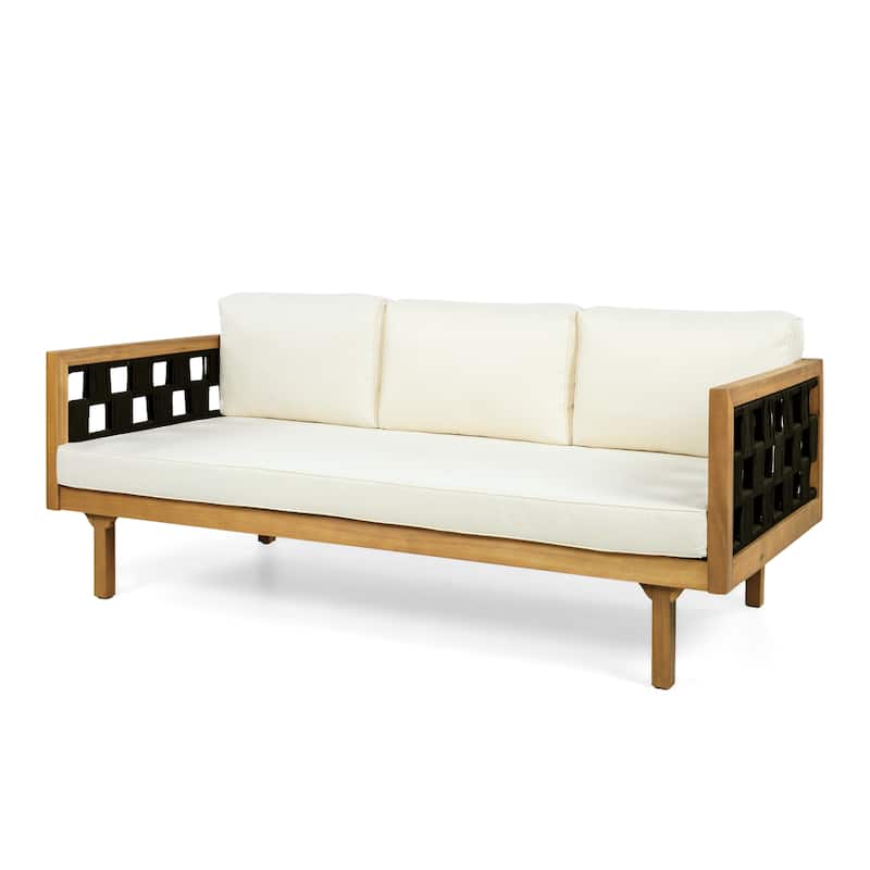 Christopher Knight Home - Modern Outdoor Patio Acacia Wood 3-Seater Daybed Sofa with Cushions, Rope Square Armrest & Teak Finish