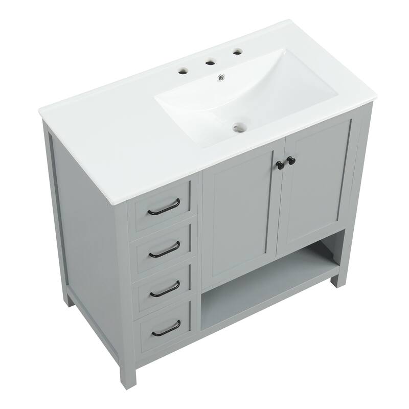 Roomfitters 36" Bathroom Vanity with Sink Top Cabinet with 2 Doors 2 Drawers Open Shelf Solid Wood and MDF Boards