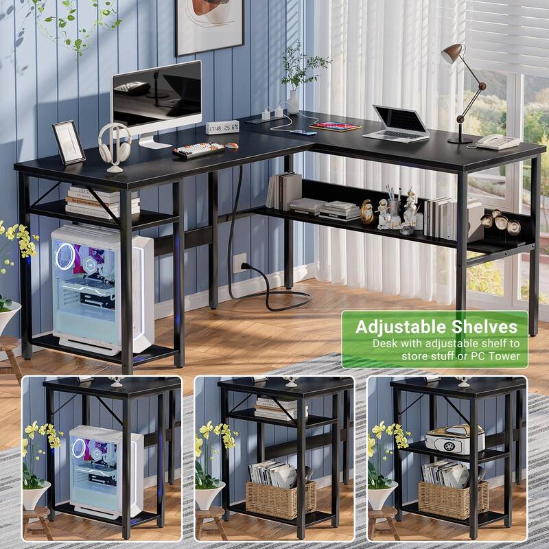 Reversible L Shaped Desk with Storage Shelves, Home Office Corner Desk with Charge Station