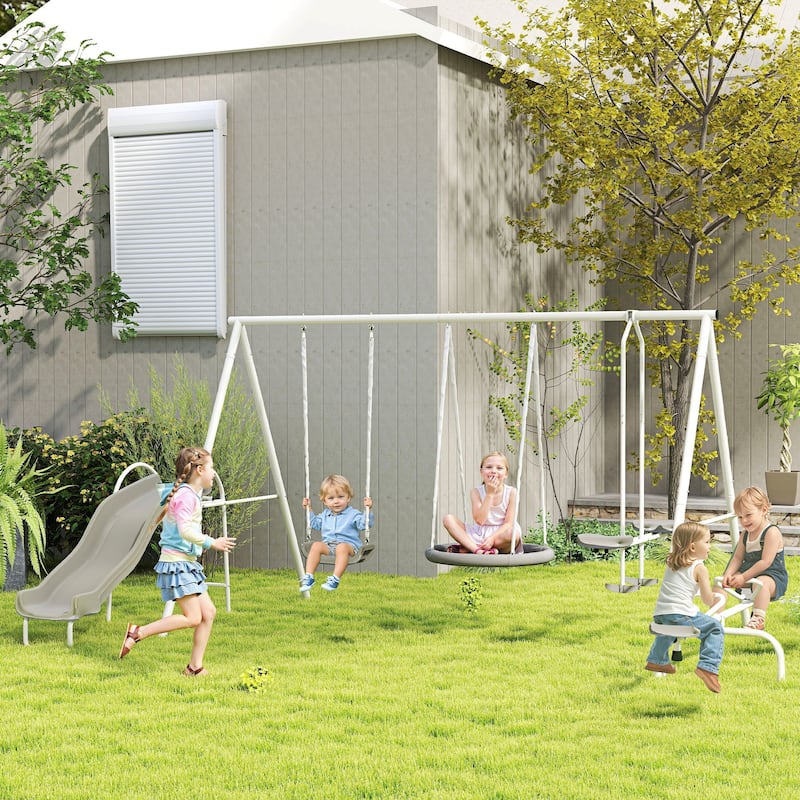 Outsunny 5-in-1 Kids Swing Set Backyard Playground Set, Metal Swing Set Kids Outdoor Playset Playground Equipment