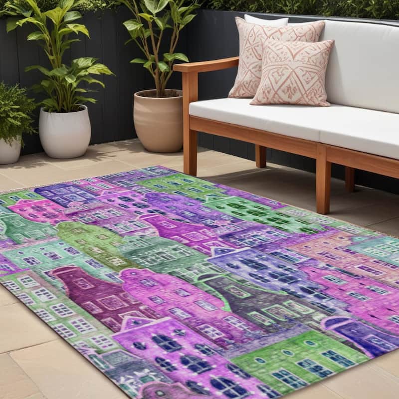 HomeRoots Village Houses Transitional Rectangle Outdoor Rug - 8' X 10'