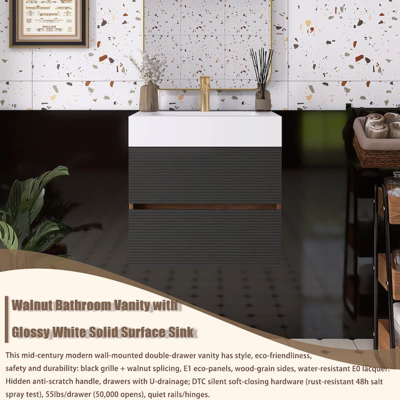Wall Mounted Bathroom Vanity with Solid Surface Sink and Soft Drawers