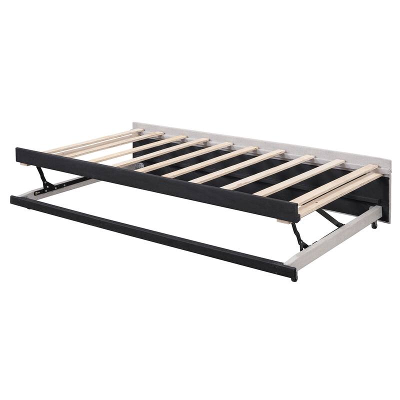 Twin Size L-Shaped Upholstered Daybed with Pull-Out Trundle, Linen Fabric, Convertible to Irregular King