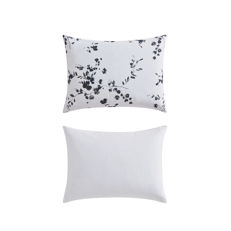 Vera Wang Noir Bouquet Botanical Print Cotton Sateen Duvet Cover Set (Grey, 3 Piece)