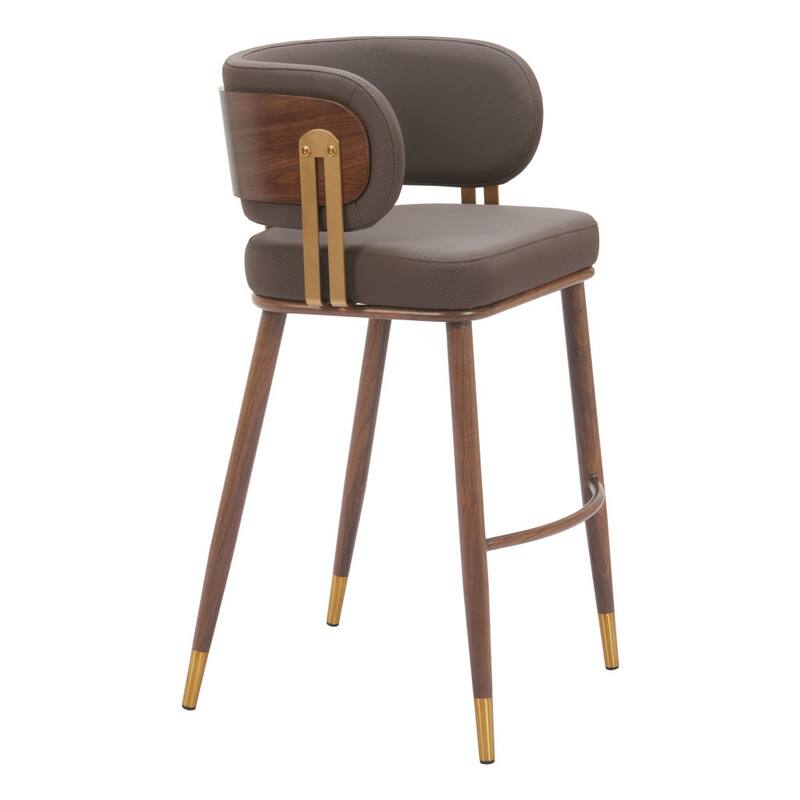 HomeRoots 30" Brown Gold and Walnut Steel and Faux Leather Low Back Bar Height Bar Chair