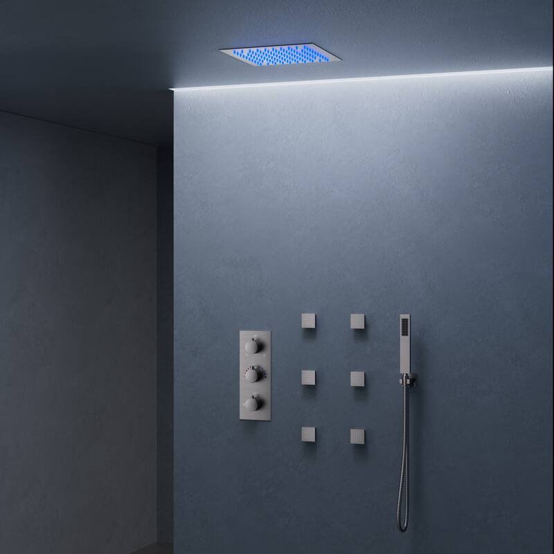 64-Color LED Mood Lighting Thermostatic Shower Faucet System with 12" Rain Shower Head , Body Jet and Handheld Spray - Brushed Nickel