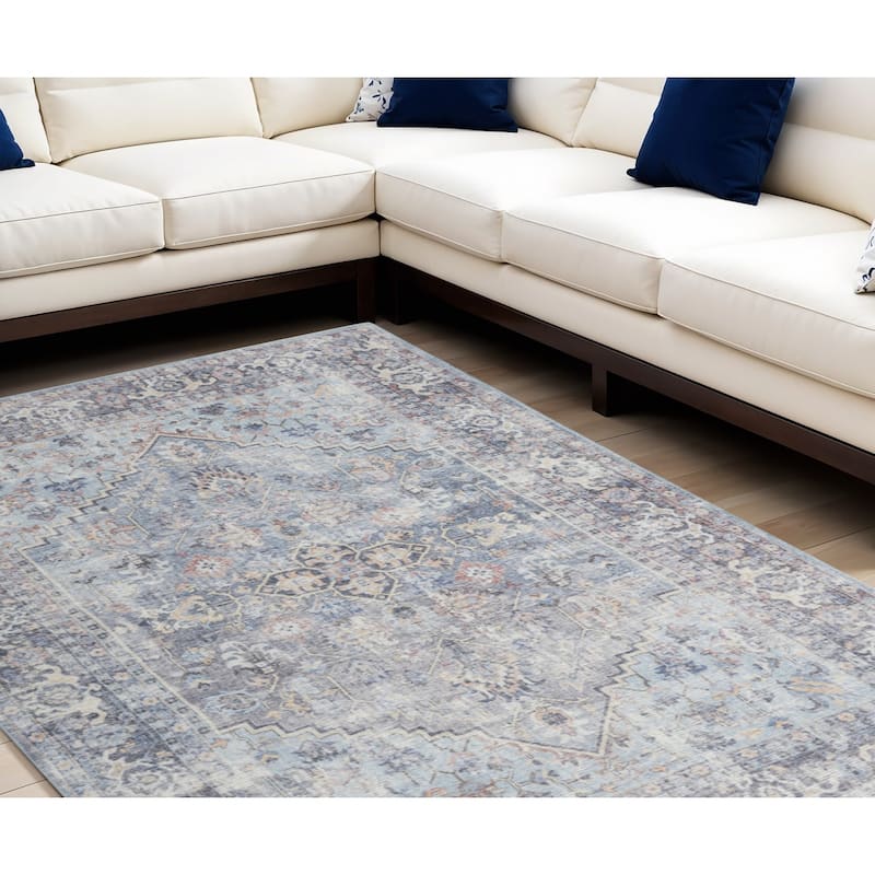 Roqu Power Loomed Distressed Floral Area Rug By HomeRoots - 144' X '110' X '0.28 - 144' X '110' X '0.28 - Oxford Blue - Rectangle