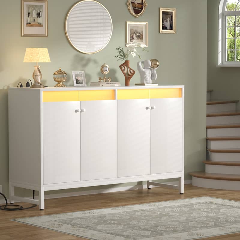 4 Doors Accent Cabinet with Power Outlet, Buffet Cabinet Storage Bar Cabinet with LED Light - White