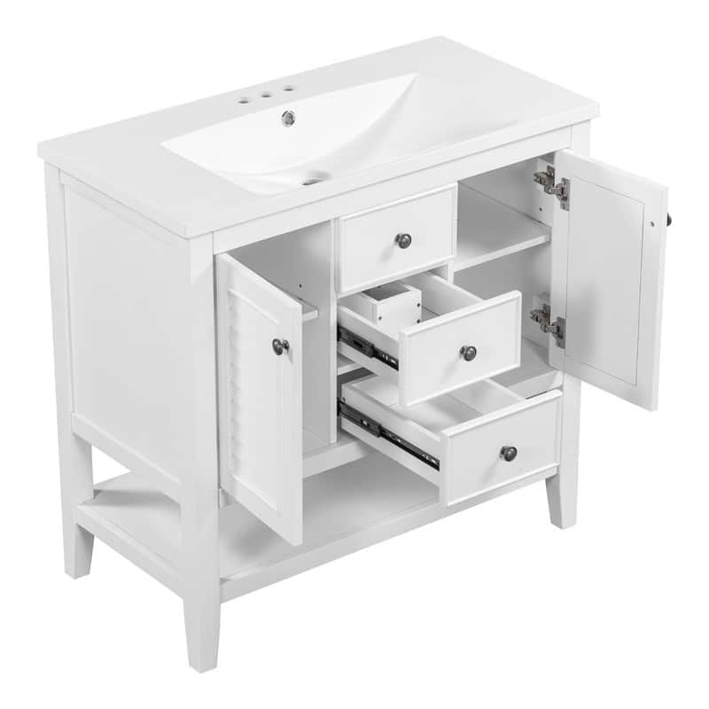36" Bathroom Vanity with/without Sink, Bathroom Vanity Cabinet with 2 Cabinets and Drawers, Open Shelf, Solid Wood Frame