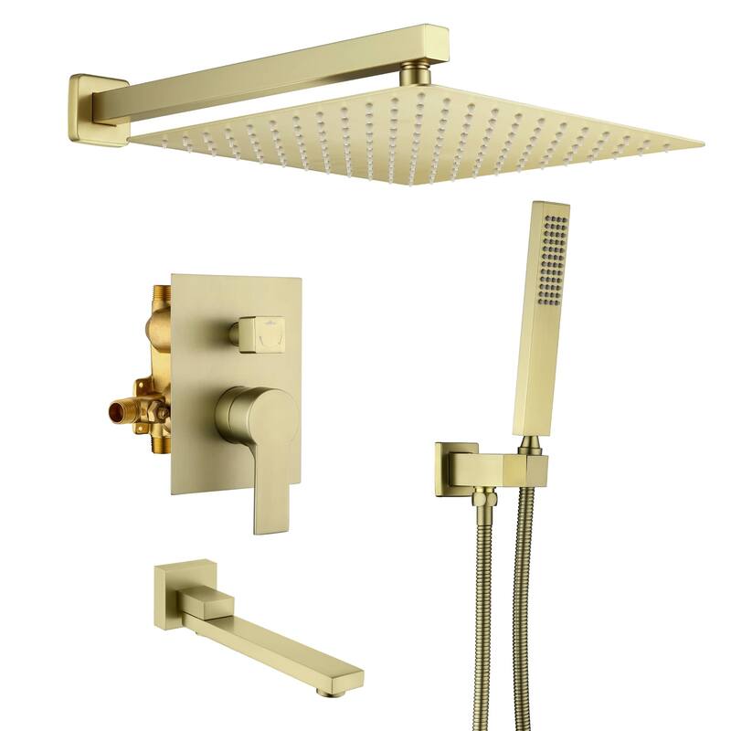 Wall Mount Tub Shower Faucet With Hand Shower Pressure Balance Shower System With Tub Spout 12 Inch Rainfall Shower Head Sets - Brushed Gold