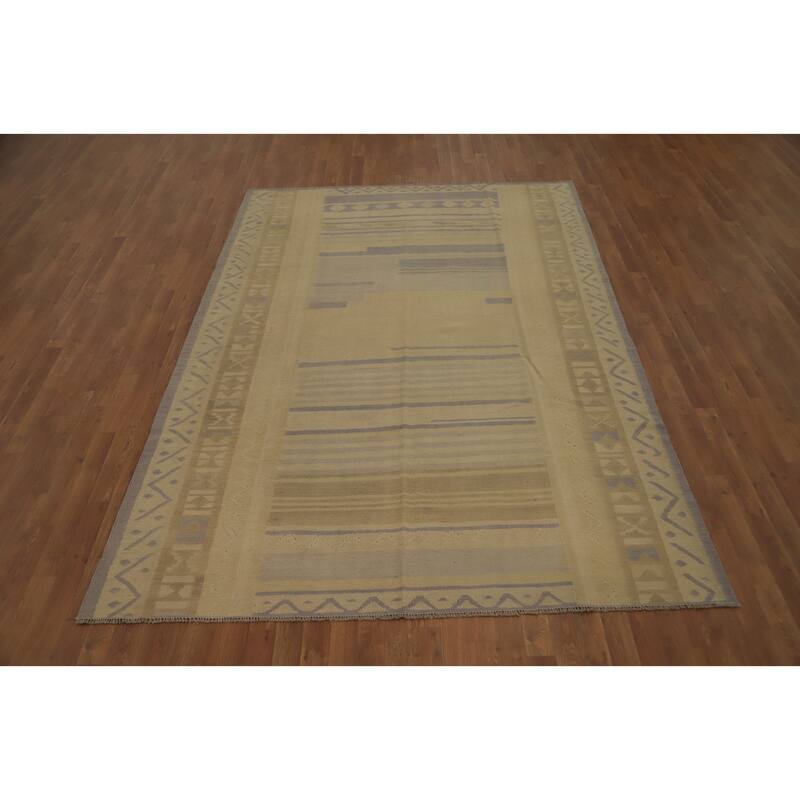 Hand Woven Oriental 100% Wool Carpet Southwestern Tribal Beige & Ivories Kilim Area Rug - 9' 6'' X 6' 8''