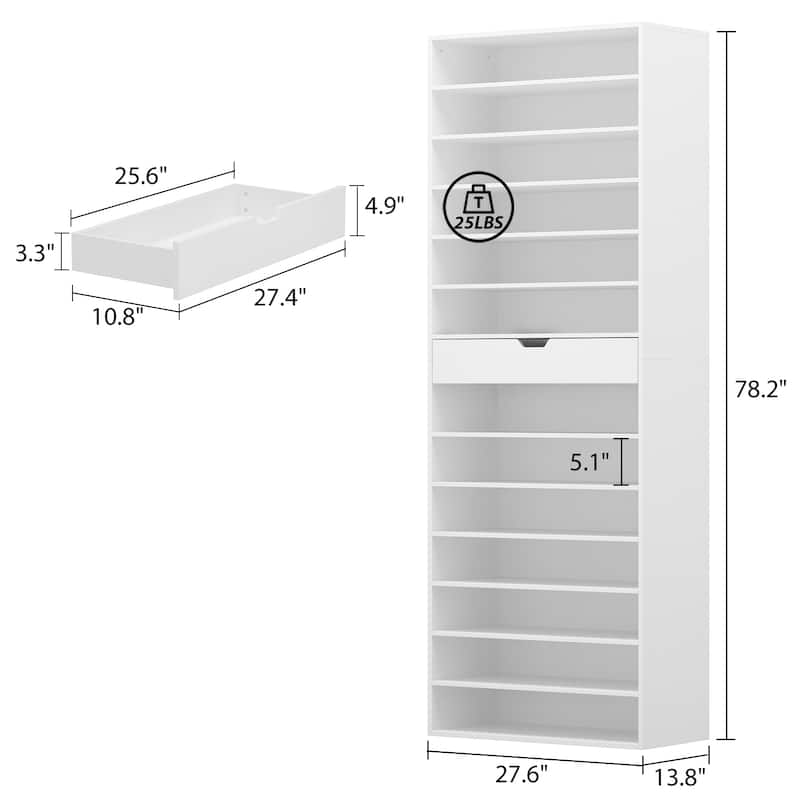 Tall White Shoe Cabinet with Adjustable Shelves, 14-Tier Narrow Shoe Rack Organizer with Drawer, Entryway