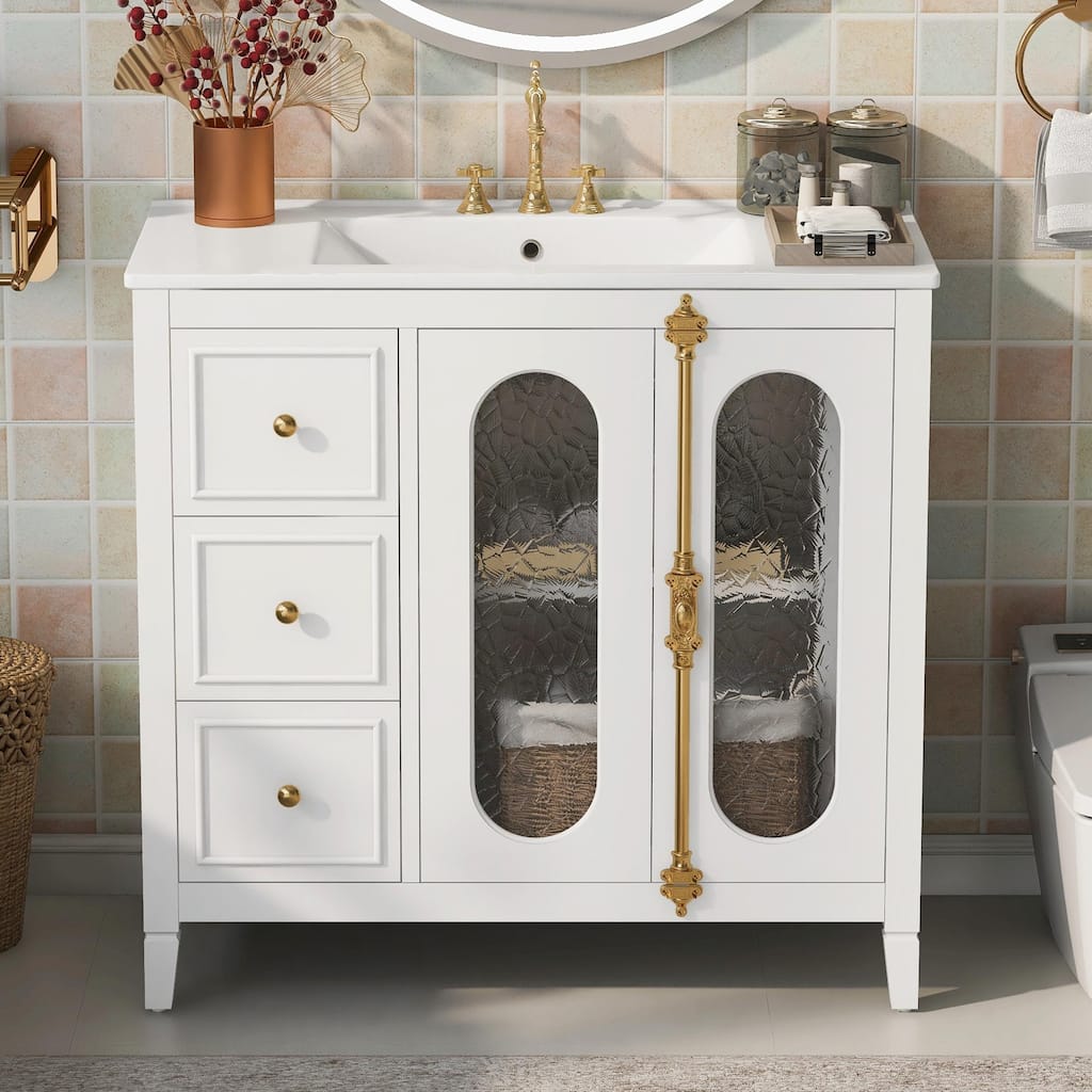 36-inch Bathroom Vanity with 2 Soft Close Doors, Solid Wood Frame Bathroom Storage Cabinet with 3 Drawers
