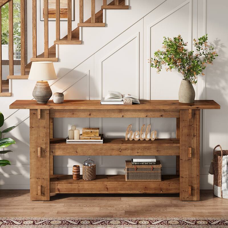 63-Inch Solid Wood Console Table for Entryway, 3-Tier Sofa Table Behind Couch - 11.81" D x 62.99" W x 31.5" H