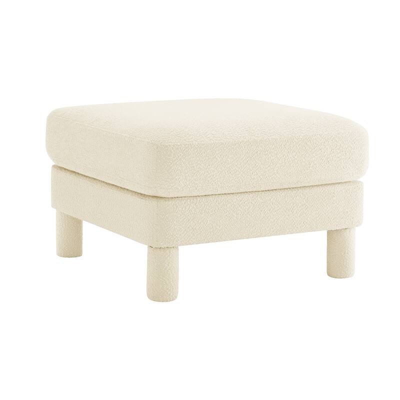 Boucle Fabric Ottoman with Wooden Legs Modern Living Room Accent