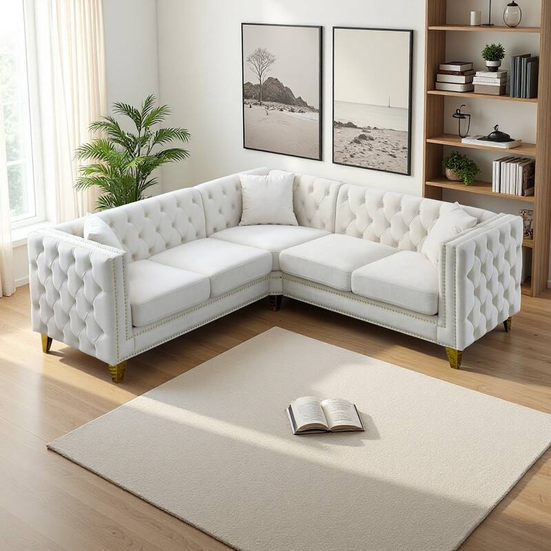 82.2" Velvet L-Shaped Sectional Sofa, 5-Seater Corner Couch with 3 Cushions - Beige