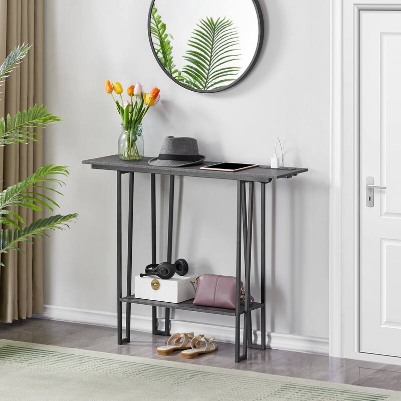 Console Table with Outlets for Entryway, Sofa Table with Wood Shelves, Industrial Entryway Table Foyer Table