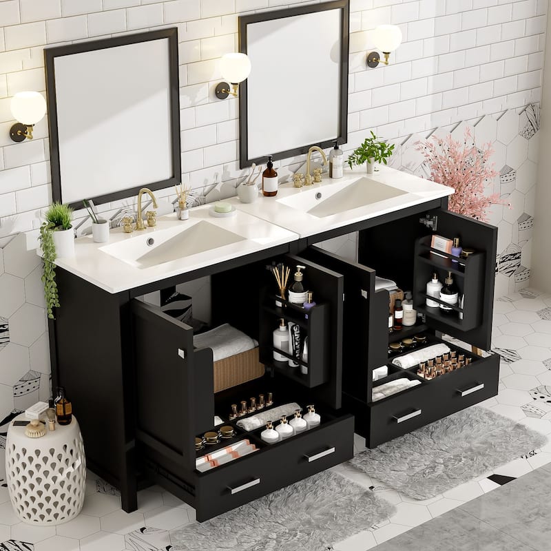 60 Inch Bathroom Vanity with Double Ceramic Sinks, 4 Doors, 2 Drawers, and Divided Storage - Freestanding Design