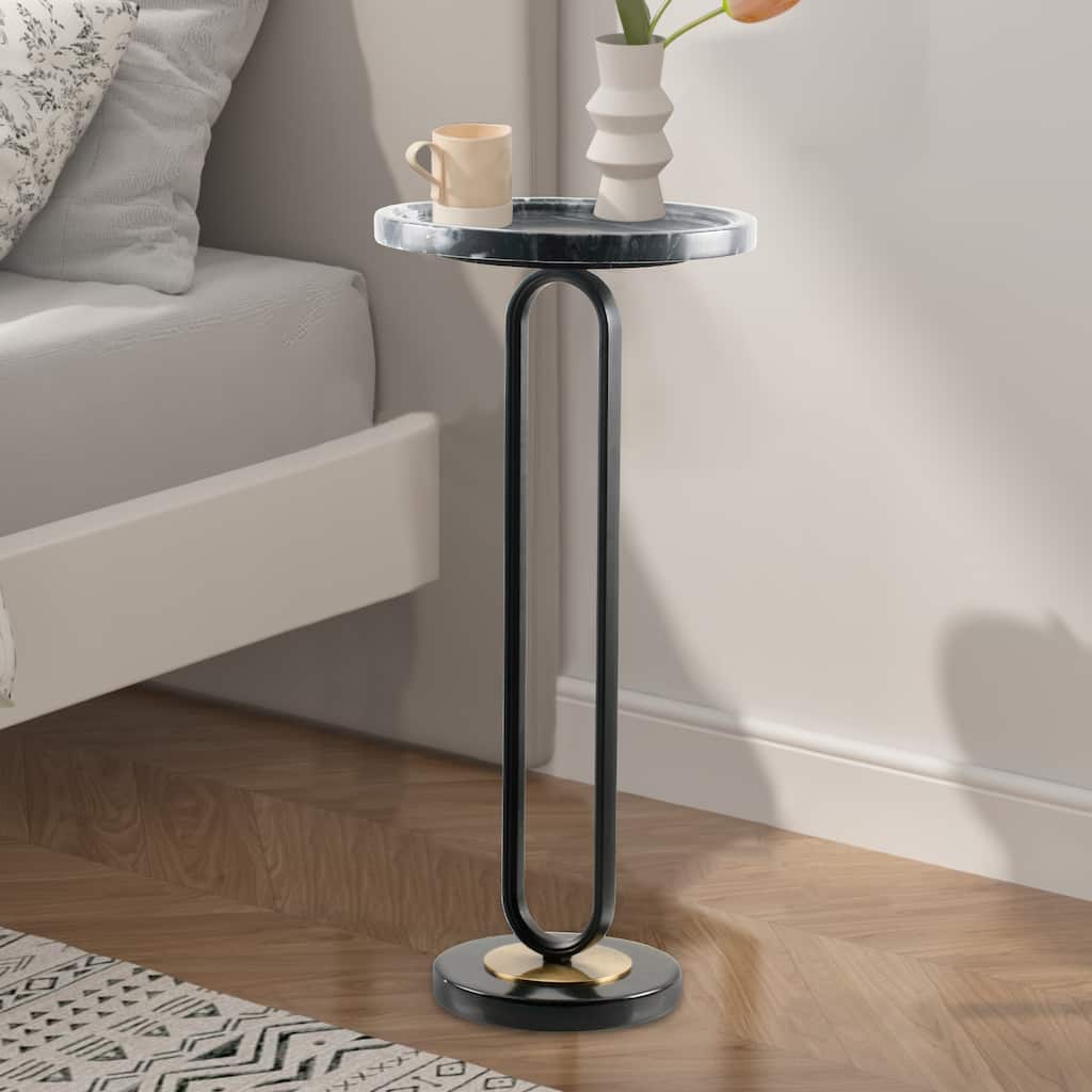 Modern Black Round Marble Pedestal Table Sofa End Table