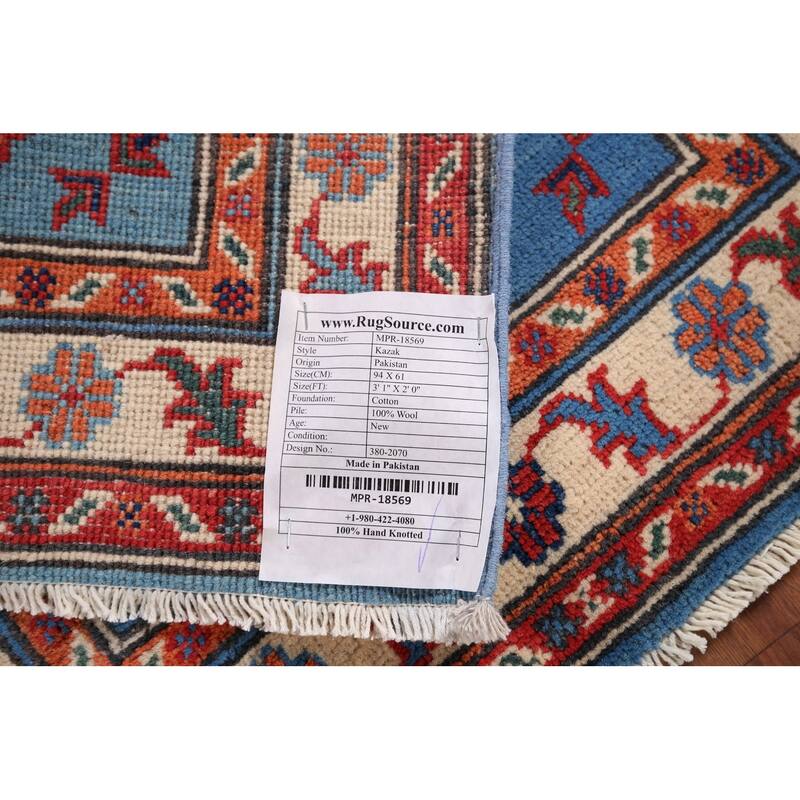Geometric Blue Kazak Accent Rug Handmade Wool Carpet - 2'0" x 3'1"