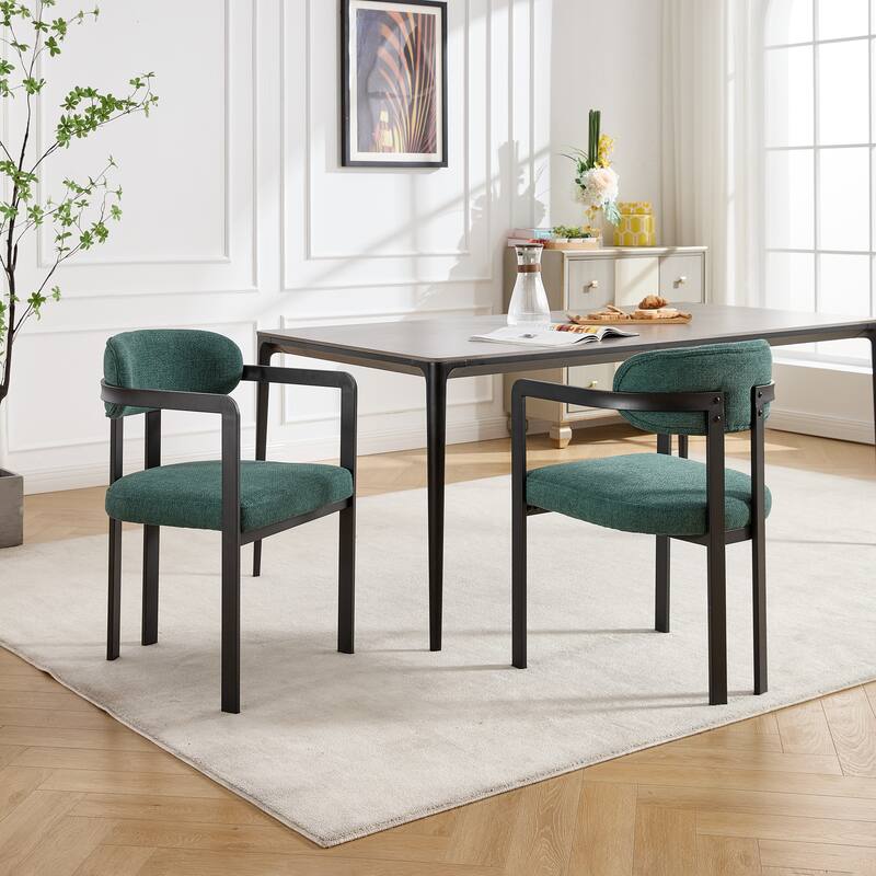 Modern Dining Room Chairs Set of 2, Mid-Century Upholstered Boucle Kitchen Dining Chairs with Black Metal Legs