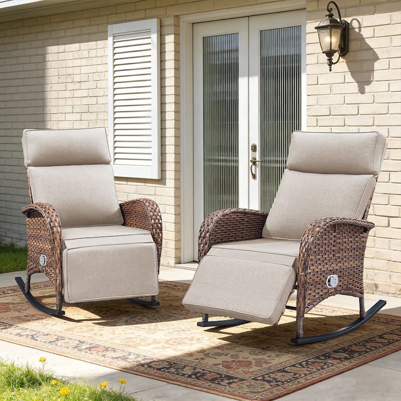 Meyreso Wicker Rocking Reclining Chaise Lounge with Adjustable Backrest & Footrest (2-Pack) - Beige
