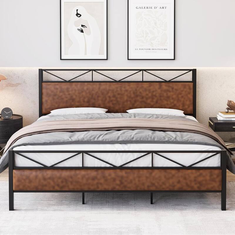 Metal Platform Bed Frame with PU Leather Headboard & Footboard - Brown - King