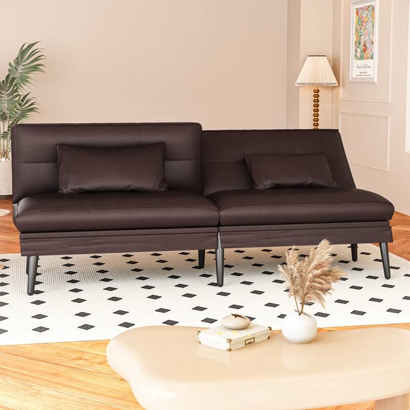 Grondin Convertible Futon Sofa Bed, 5-Angle Adjustable Backrest Sleeper Couch with 2 Pillows, Modern Style Recliner Lounge