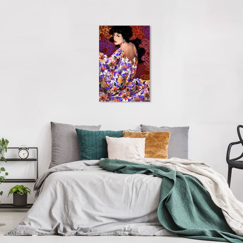 Wynwood Studio Fashion and Glam Elegant Floral Gown Purple and Maroon Modern & Contemporary Wall Art Canvas Print - 24 x 16
