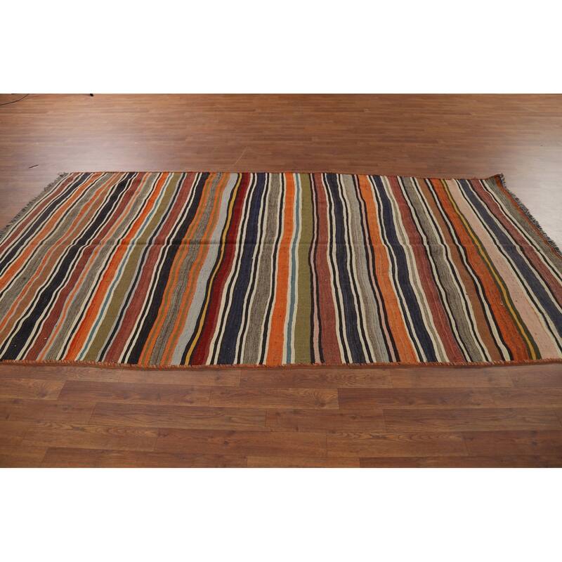 Striped Kilim Qashqai Persian Vintage Area Rug Flatweave Wool Carpet - 5'0"x 9'10"