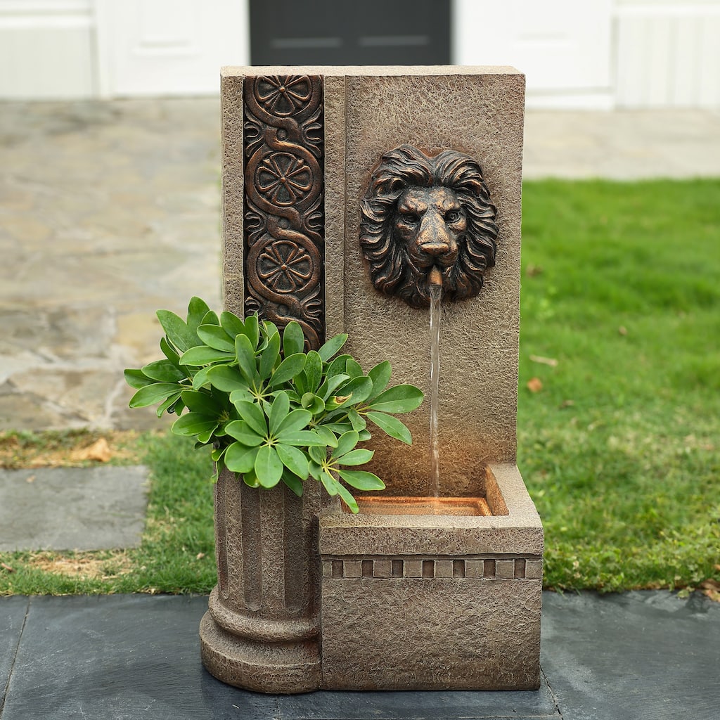 25.8" H Sandstone Resin Regal Lion Head Floor Outdoor Water Fountain with Lights - 25.79" H x 14.57" W x 10.04" D