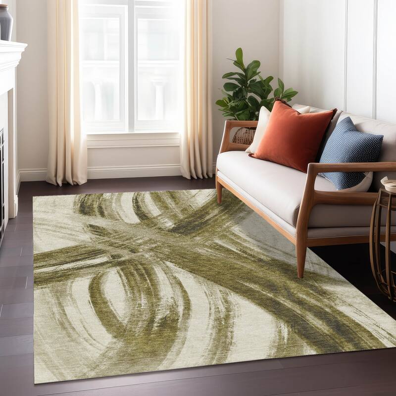 Machine Washable Indoor/ Outdoor Abstract Brushstroke Chantille Rug