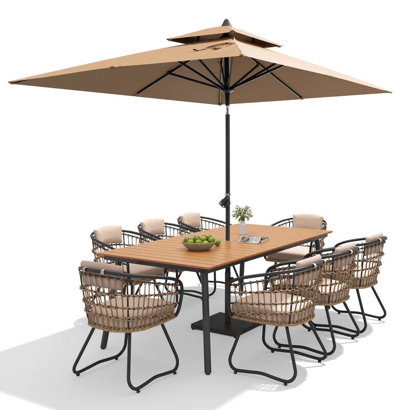 9/11-piece Outdoor Dining Set w/ Umbrella and Base Aluminum Dining Table and PE Rattan Wicker Chairs