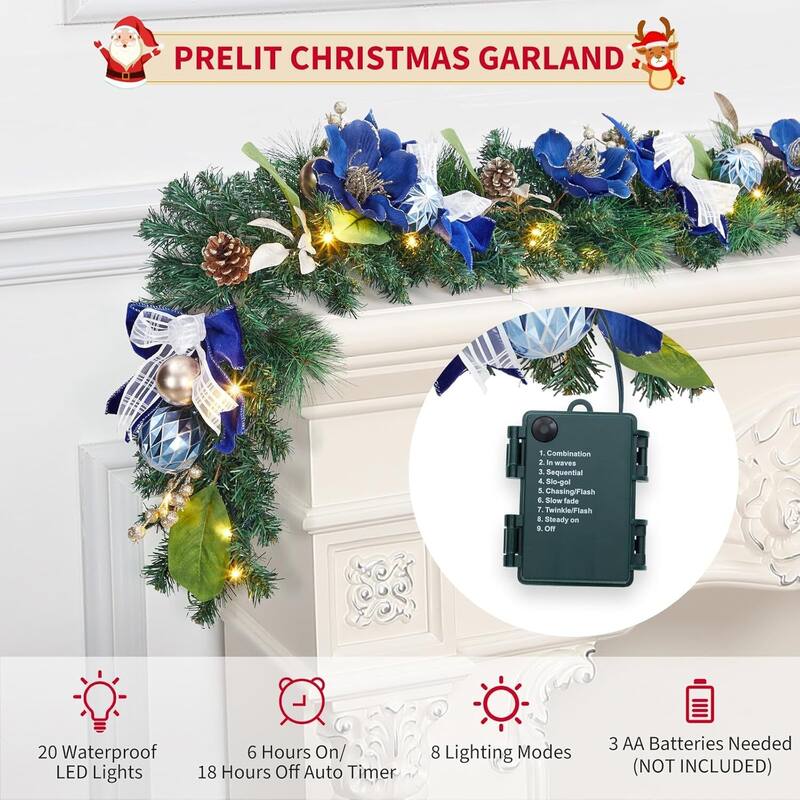 6ft Pre-Lit Outdoor Christmas Garlands with LED Lights Blue Balls Flowers - N/A