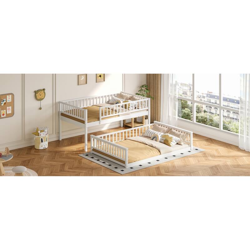 Roomfitters Full XL Over Queen Bunk Bed with Ladder and Guardrails, Solid Wood Frame, White