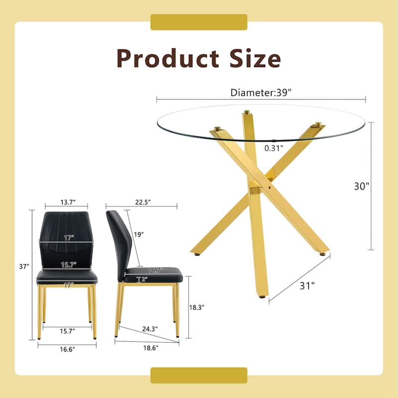5 Piece Dining Table Set with 39 Inch Round Glass Top X Shaped Metal Base and 4 PU Chairs