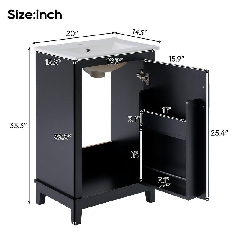 20 Inch Modern Small Bathroom Vanity Cabinet With Ceramic Basin,Ample Storage,1 Soft Close Doo