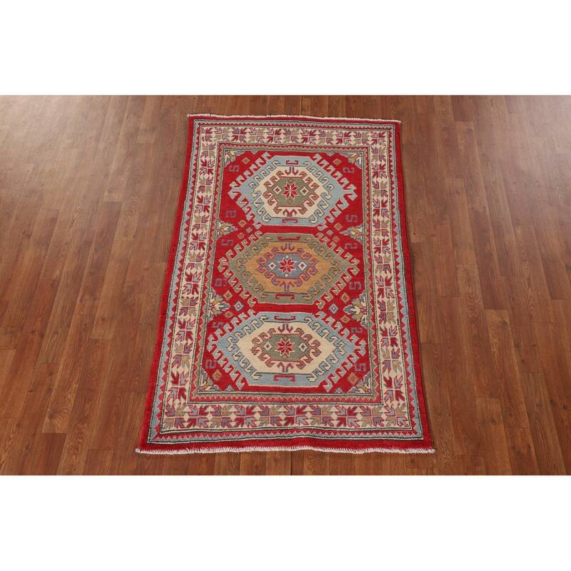 Traditional Kazak Oriental Accent Rug Handmade Red Wool Carpet - 3'2"x 5'1"