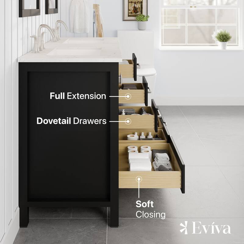Eviva Aberdeen 60"W x 22"D Espresso Double Sink Bathroom Vanity with White Carrara Quartz Countertop