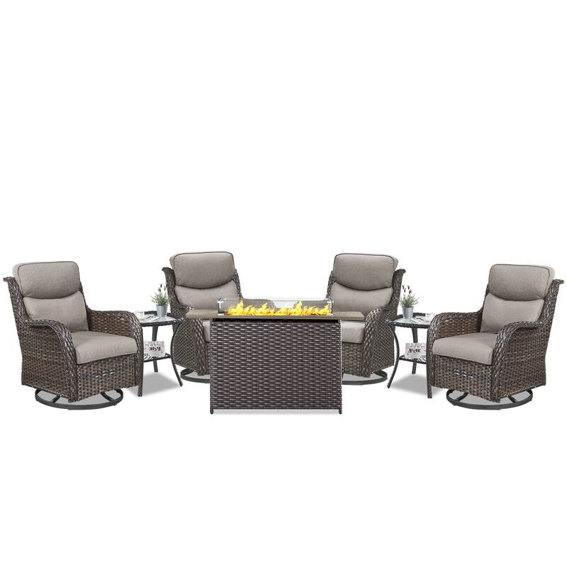 7 Pieces Outdoor Gliders Chairs Table Fire Pit Table with 5-Inch Thick Cushions