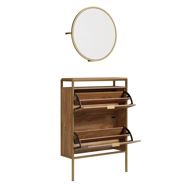 Wood Wall-Mounted Shoe Cabinet with Mirror, Brown - 30.24"W x 10.12"D x 44.02"H